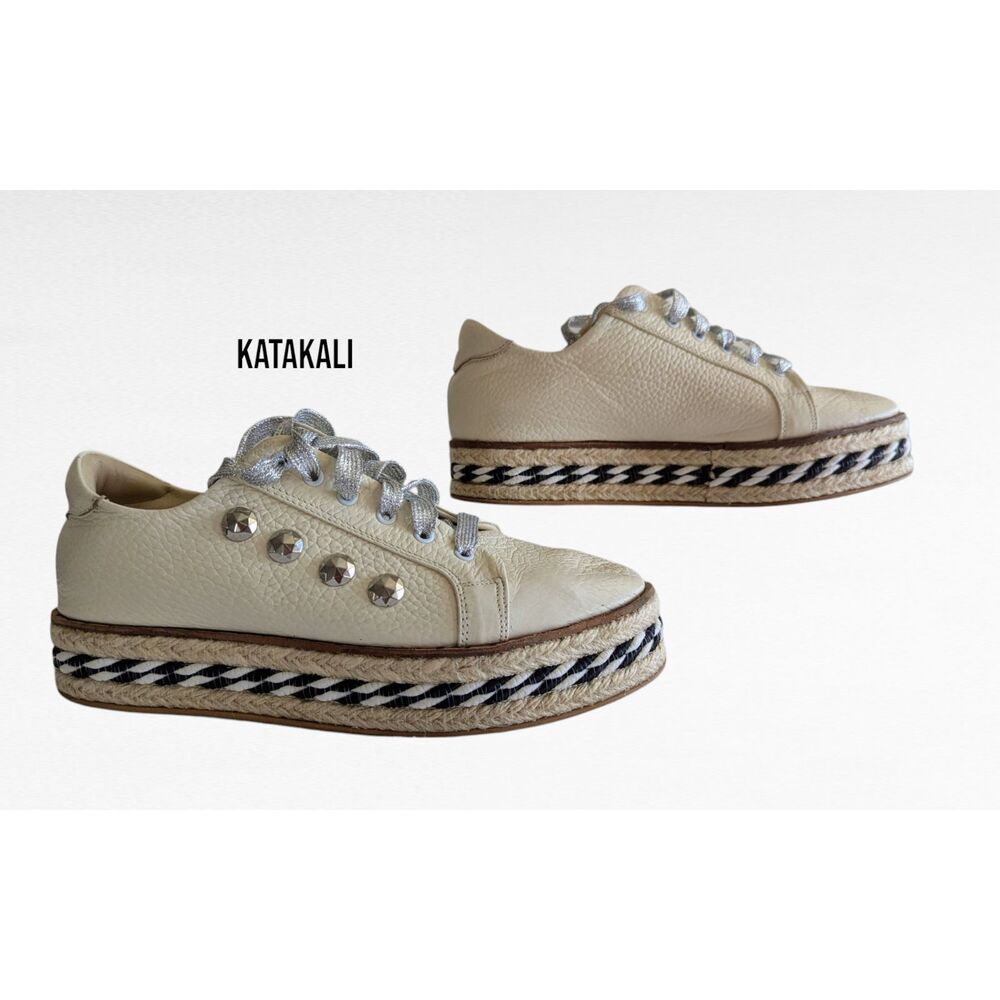 KATAKALI Agenuine leather embellished lace-up platform sneakers  Sz 7